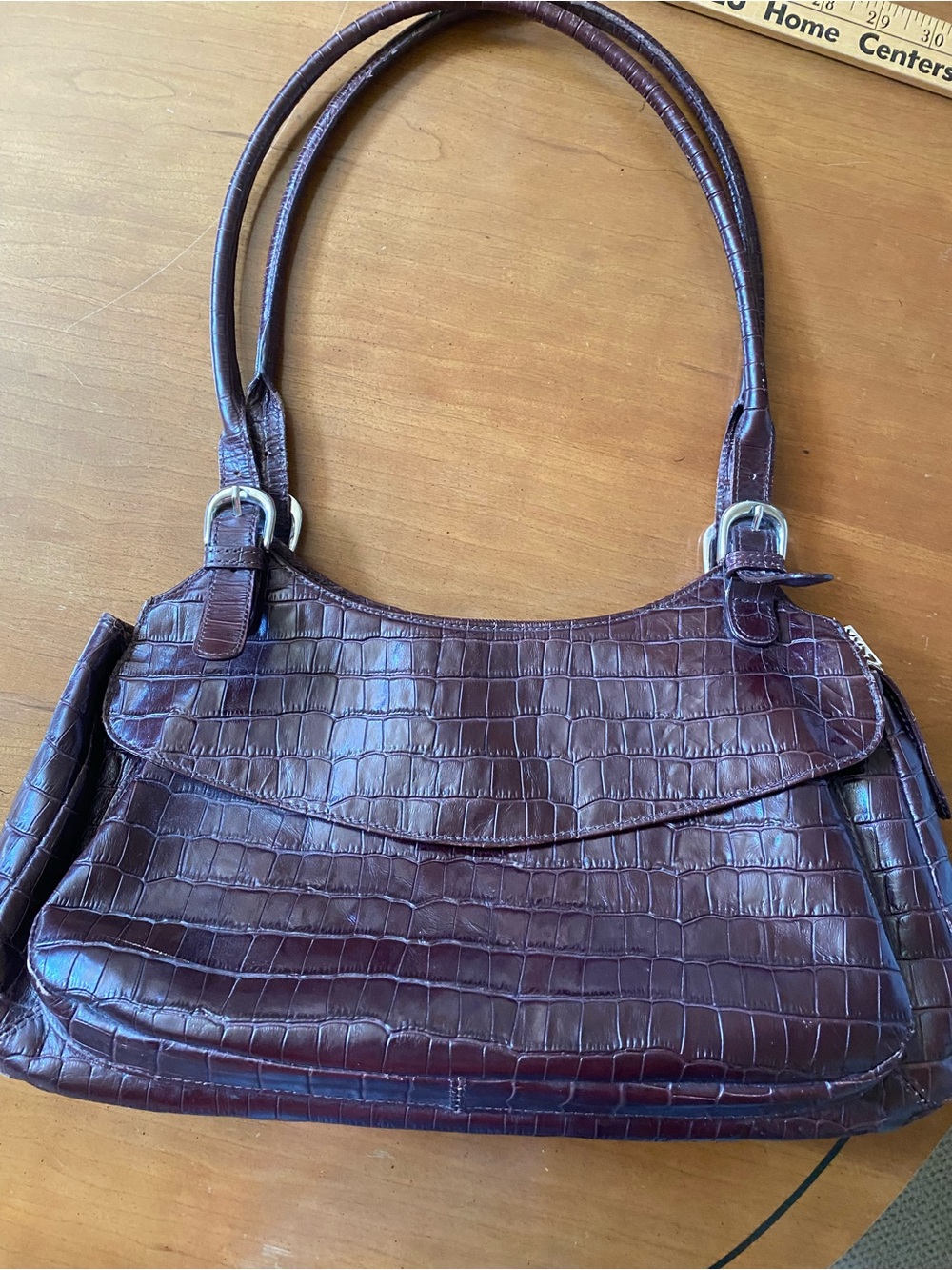 Maxx New York Classic Croc-Embossed Leather Shoulder Bag in Deep Burgundy